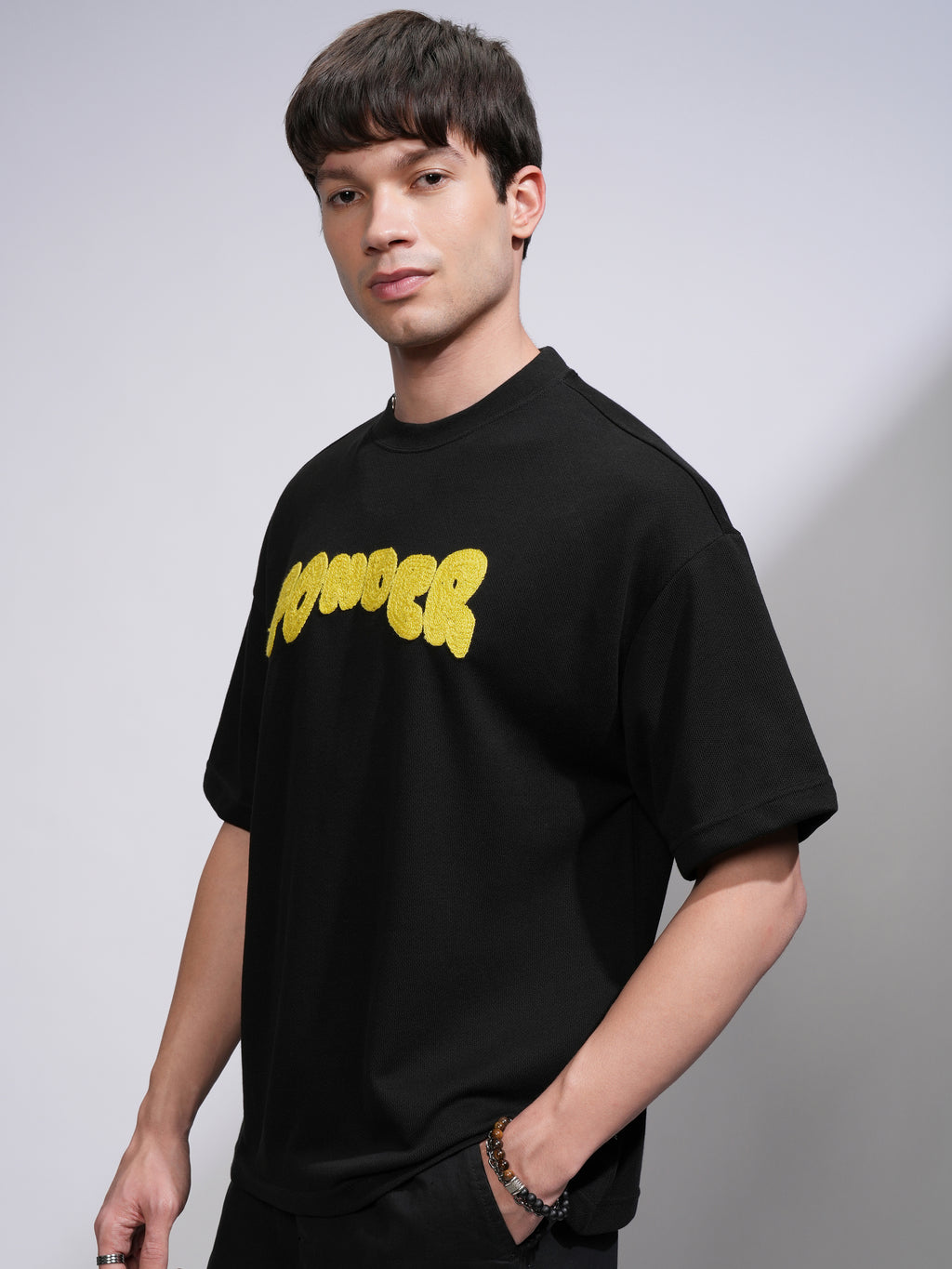 Highlander Men Black Applique Round Neck Oversized Fit T-Shirt - Black - Image 4