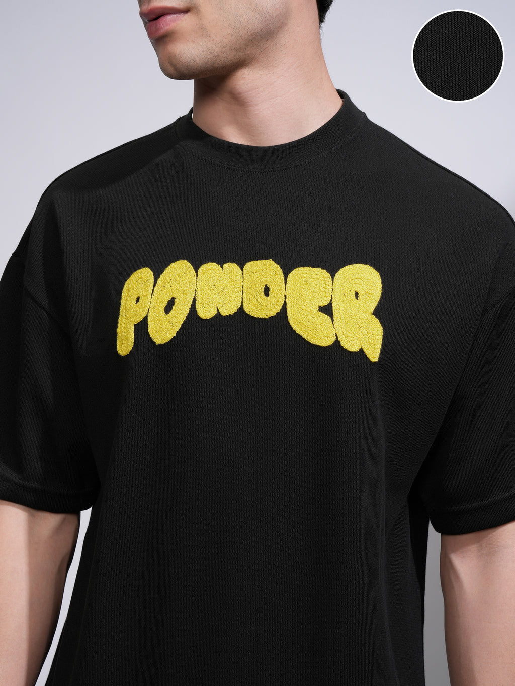 Highlander Men Black Applique Round Neck Oversized Fit T-Shirt - Black - Image 5