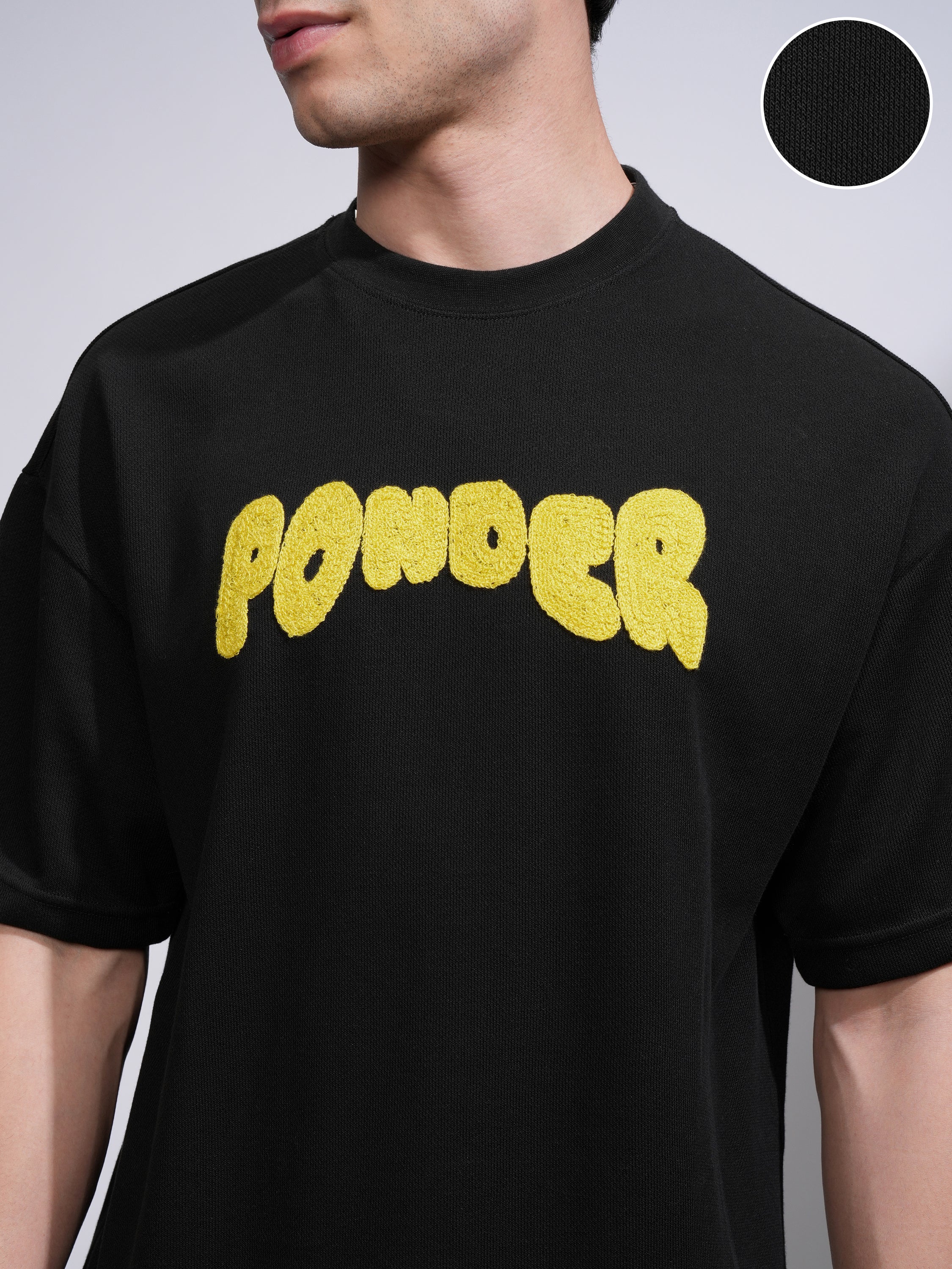 Highlander Men Black Applique Round Neck Oversized Fit T-Shirt - Black - Image 5