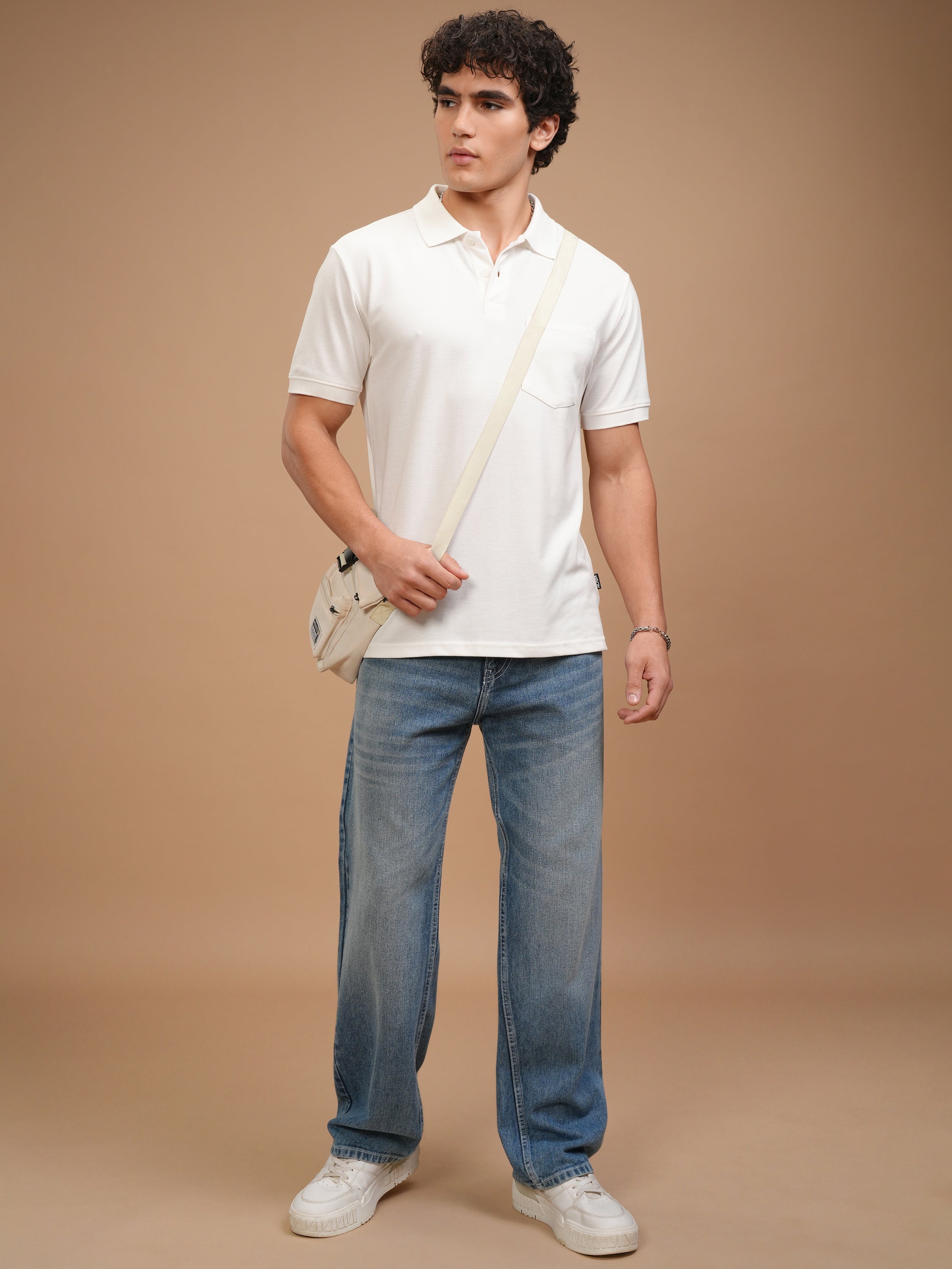 Highlander Men White Solid Polo Collar T-Shirt - White - Image 2