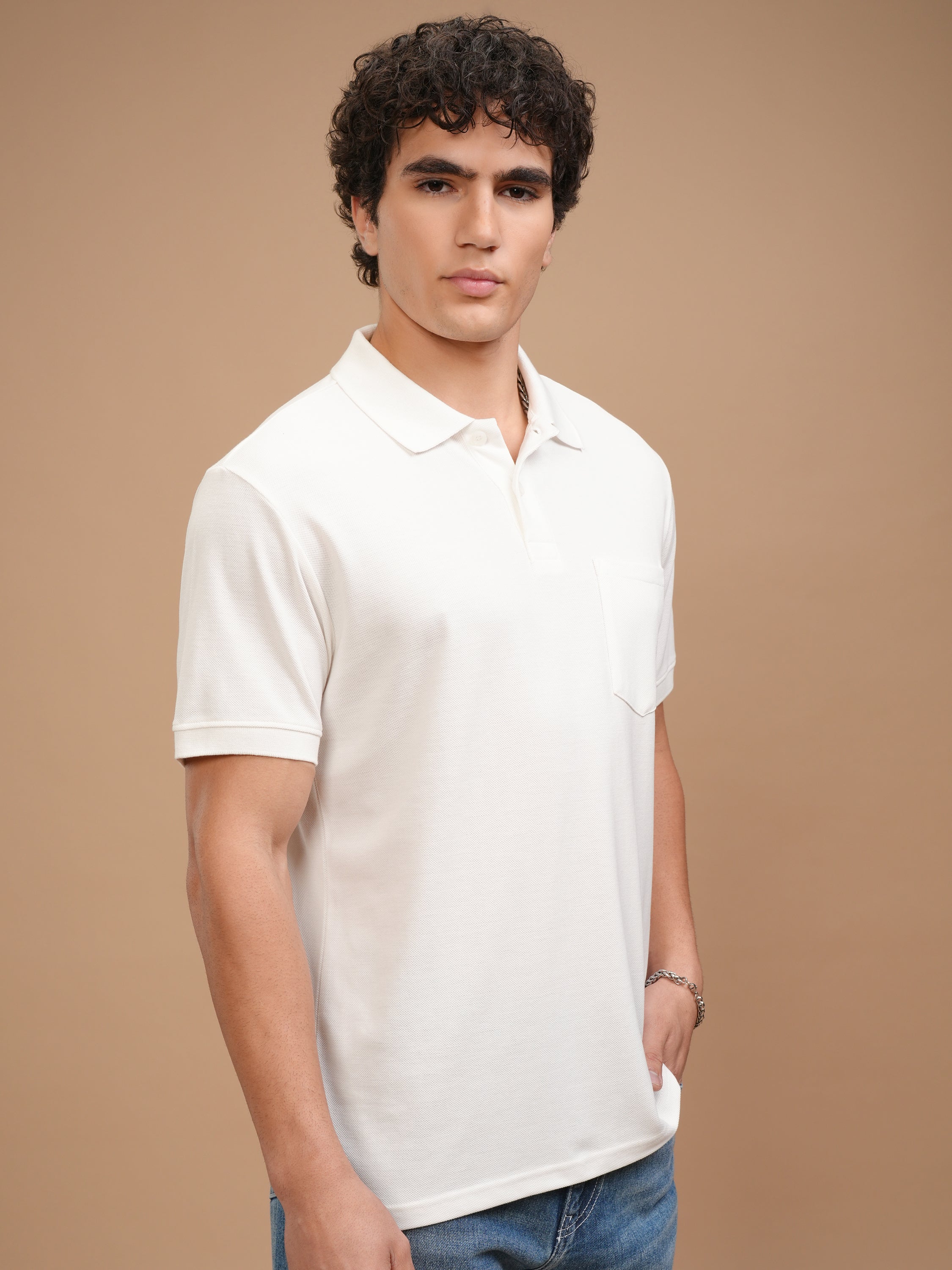 Highlander Men White Solid Polo Collar T-Shirt - White - Image 6