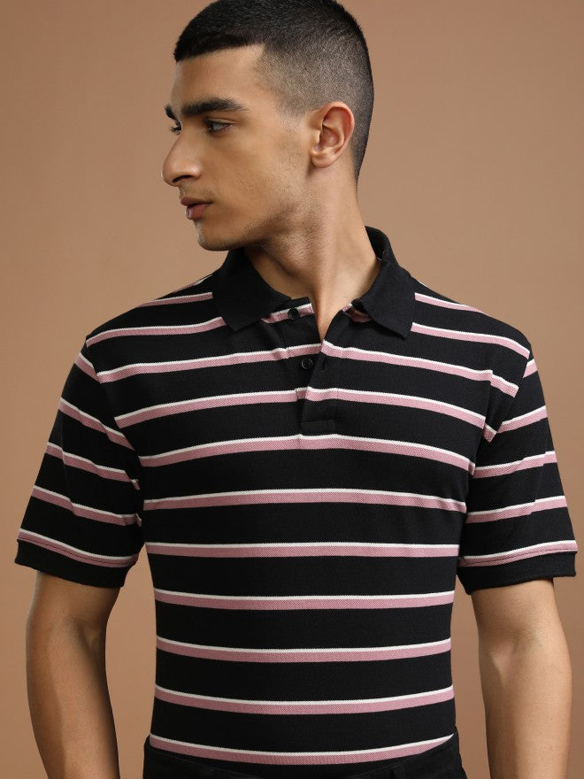 Highlander Men Black Striped Polo Collar T-Shirt - Black - Image 1