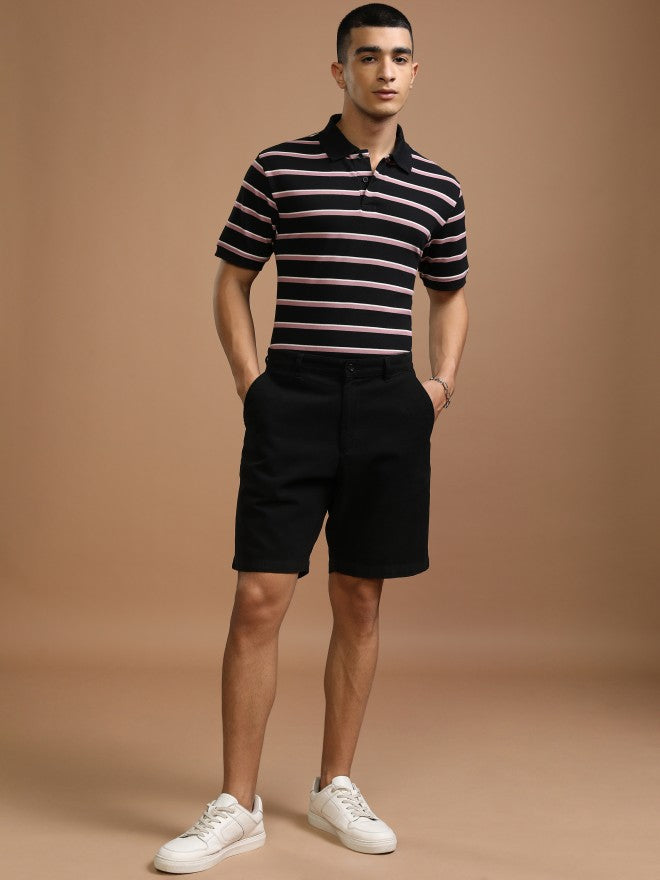 Highlander Men Black Striped Polo Collar T-Shirt - Black - Image 2