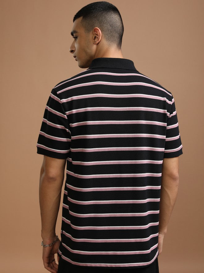 Highlander Men Black Striped Polo Collar T-Shirt - Black - Image 3