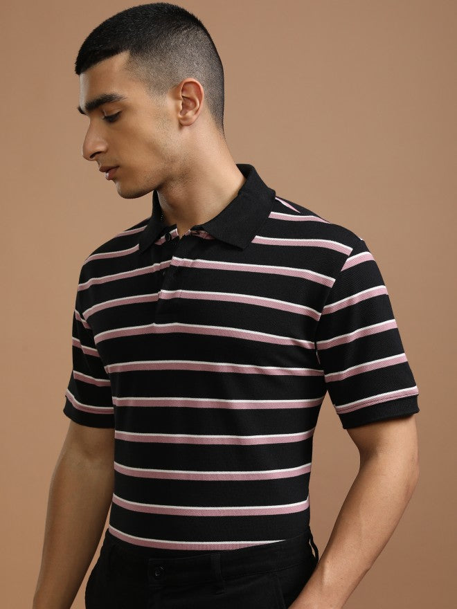 Highlander Men Black Striped Polo Collar T-Shirt - Black - Image 4