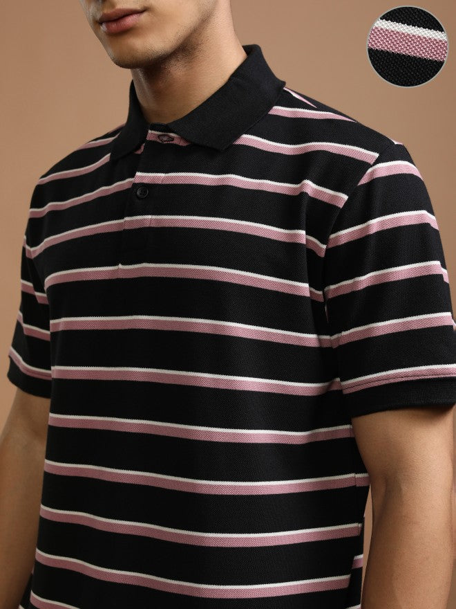 Highlander Men Black Striped Polo Collar T-Shirt - Black - Image 5