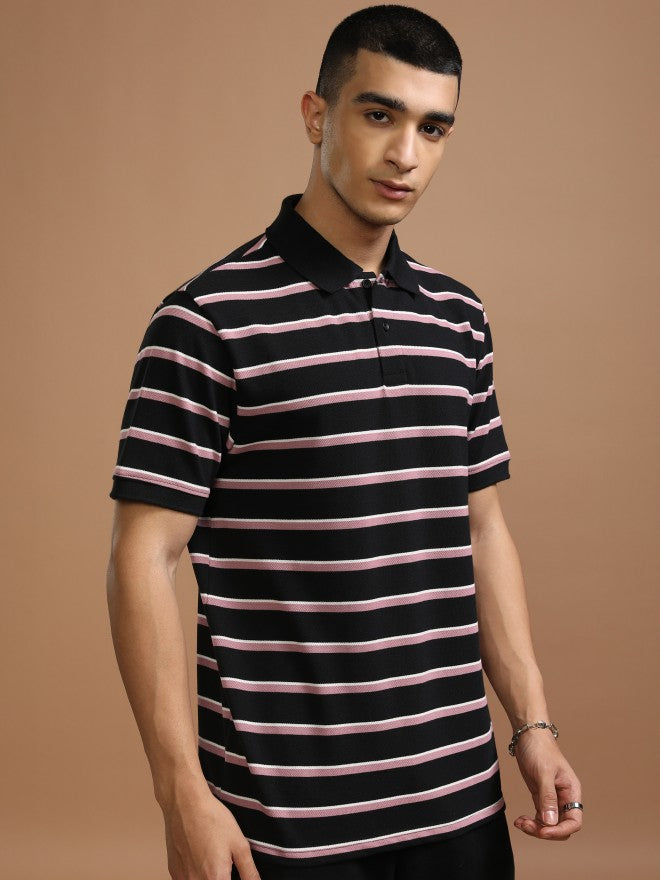 Highlander Men Black Striped Polo Collar T-Shirt - Black - Image 6