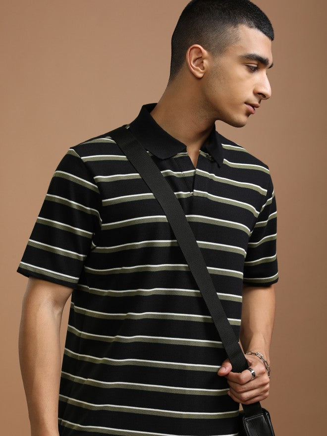 Highlander Men Black Striped Polo Collar T-Shirt - Black - Image 1