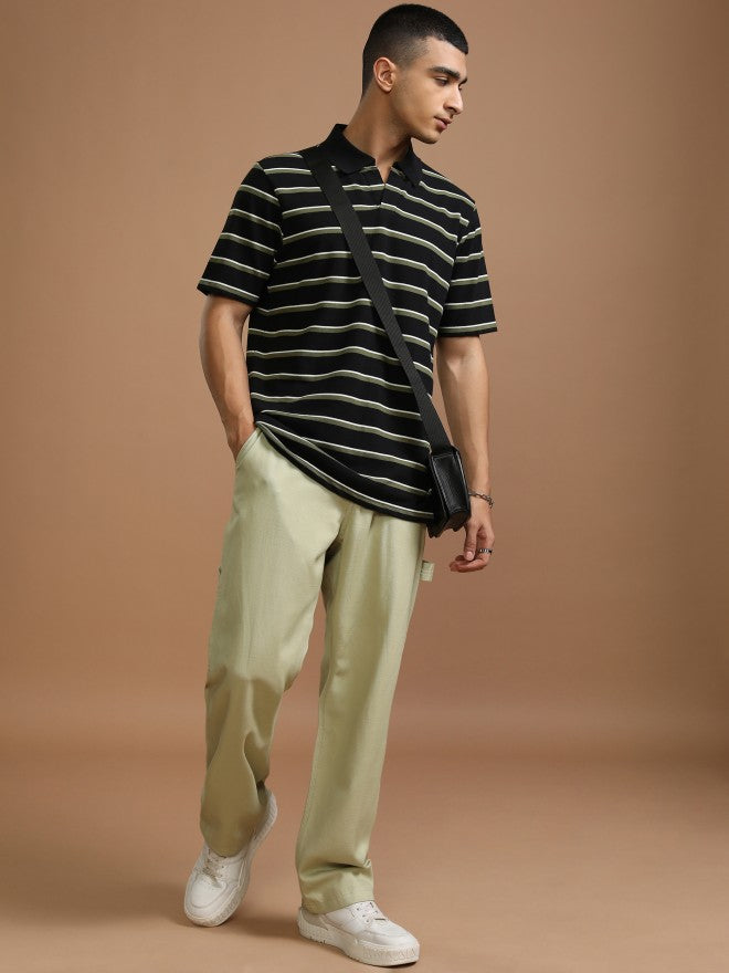 Highlander Men Black Striped Polo Collar T-Shirt - Black - Image 2