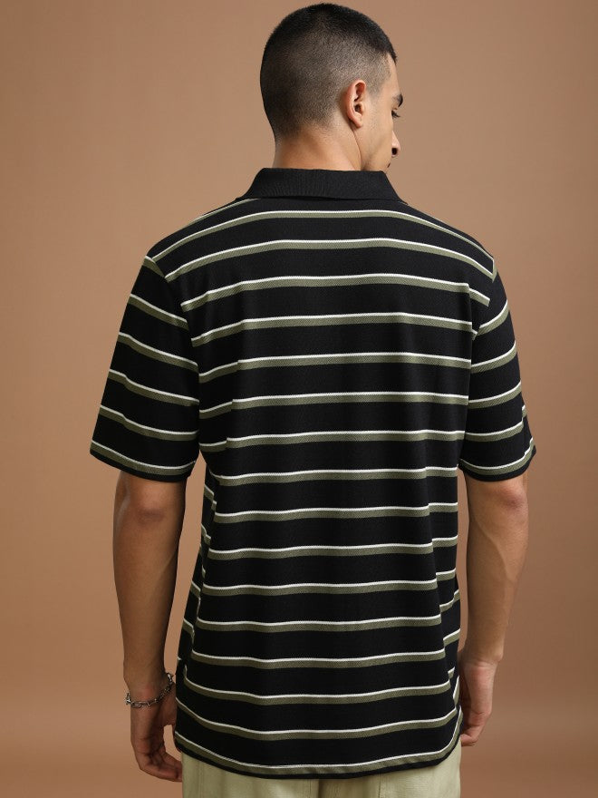 Highlander Men Black Striped Polo Collar T-Shirt - Black - Image 3