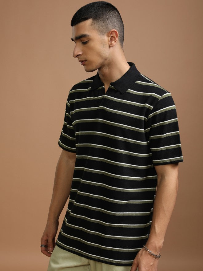 Highlander Men Black Striped Polo Collar T-Shirt - Black - Image 4