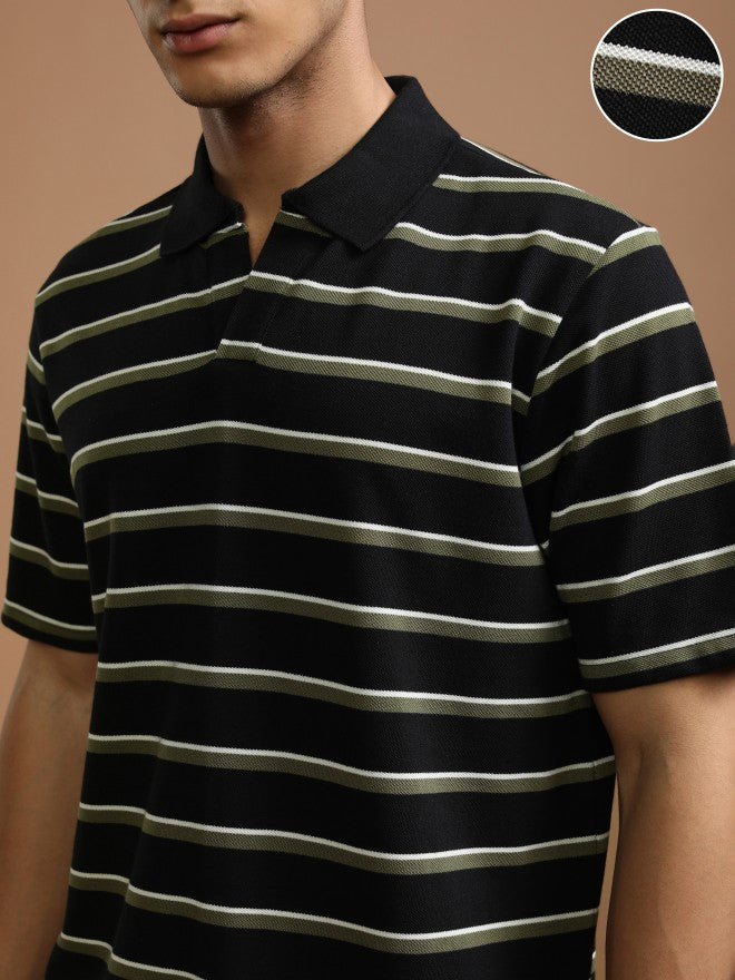 Highlander Men Black Striped Polo Collar T-Shirt - Black - Image 5