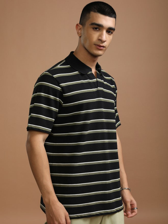 Highlander Men Black Striped Polo Collar T-Shirt - Black - Image 6