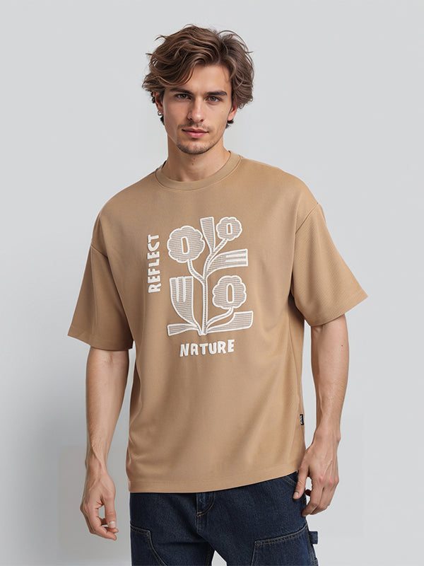 Highlander Men Khaki Applique Round Neck Oversized Fit T-Shirt - Khaki - Image 1