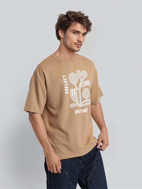 Highlander Men Khaki Applique Round Neck Oversized Fit T-Shirt - Khaki - Image 4