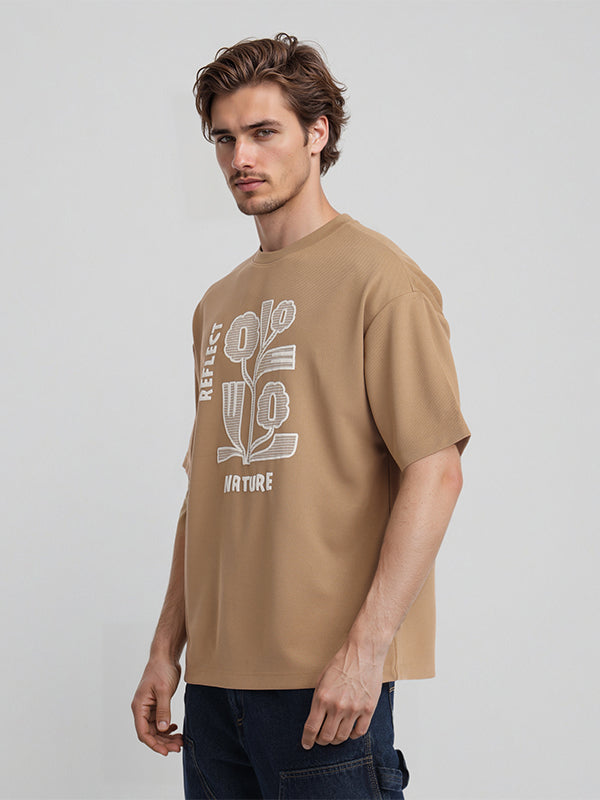 Highlander Men Khaki Applique Round Neck Oversized Fit T-Shirt - Khaki - Image 6