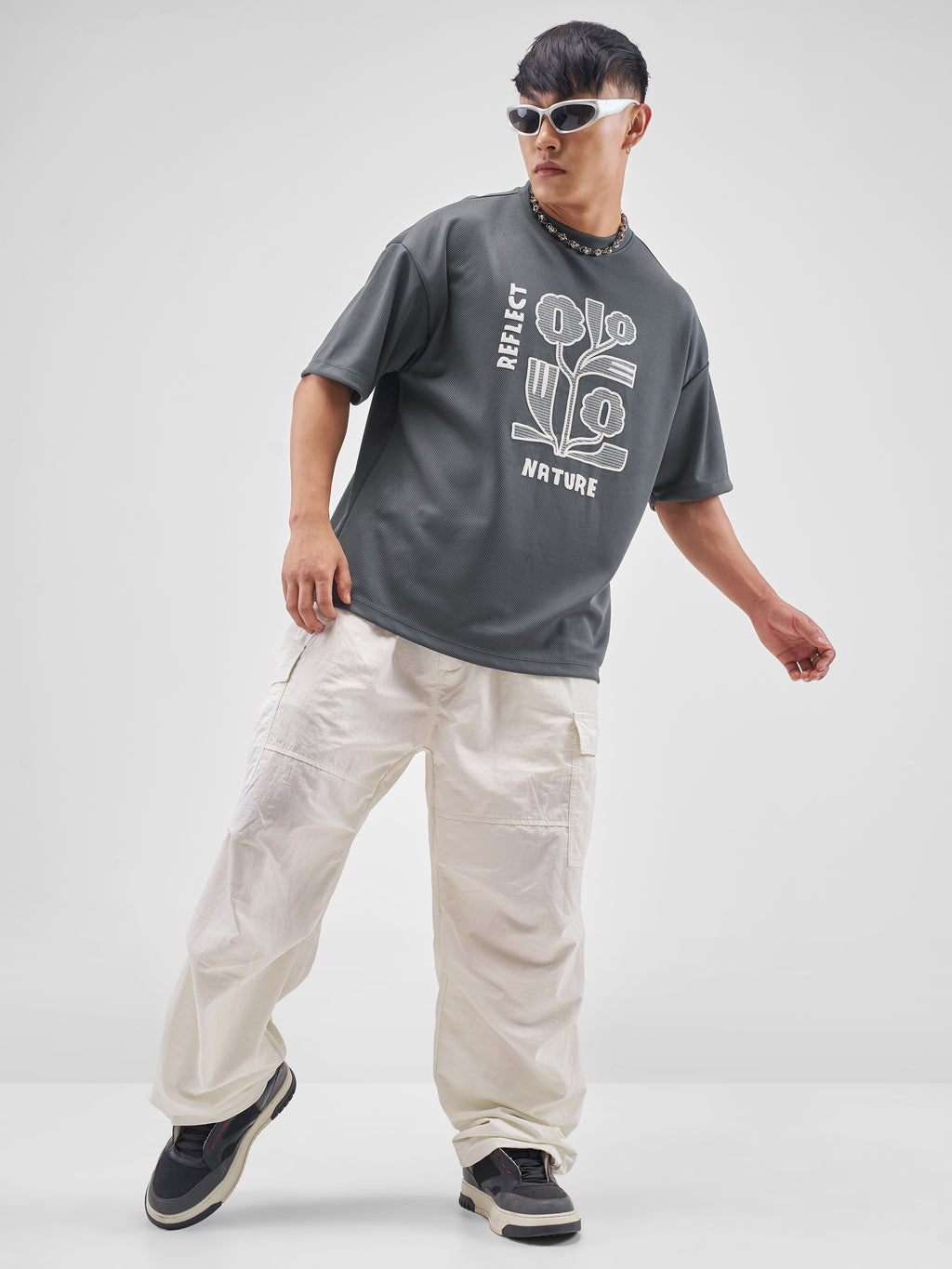 Highlander Men Grey Applique Round Neck Oversized Fit T-Shirt - Grey - Image 2