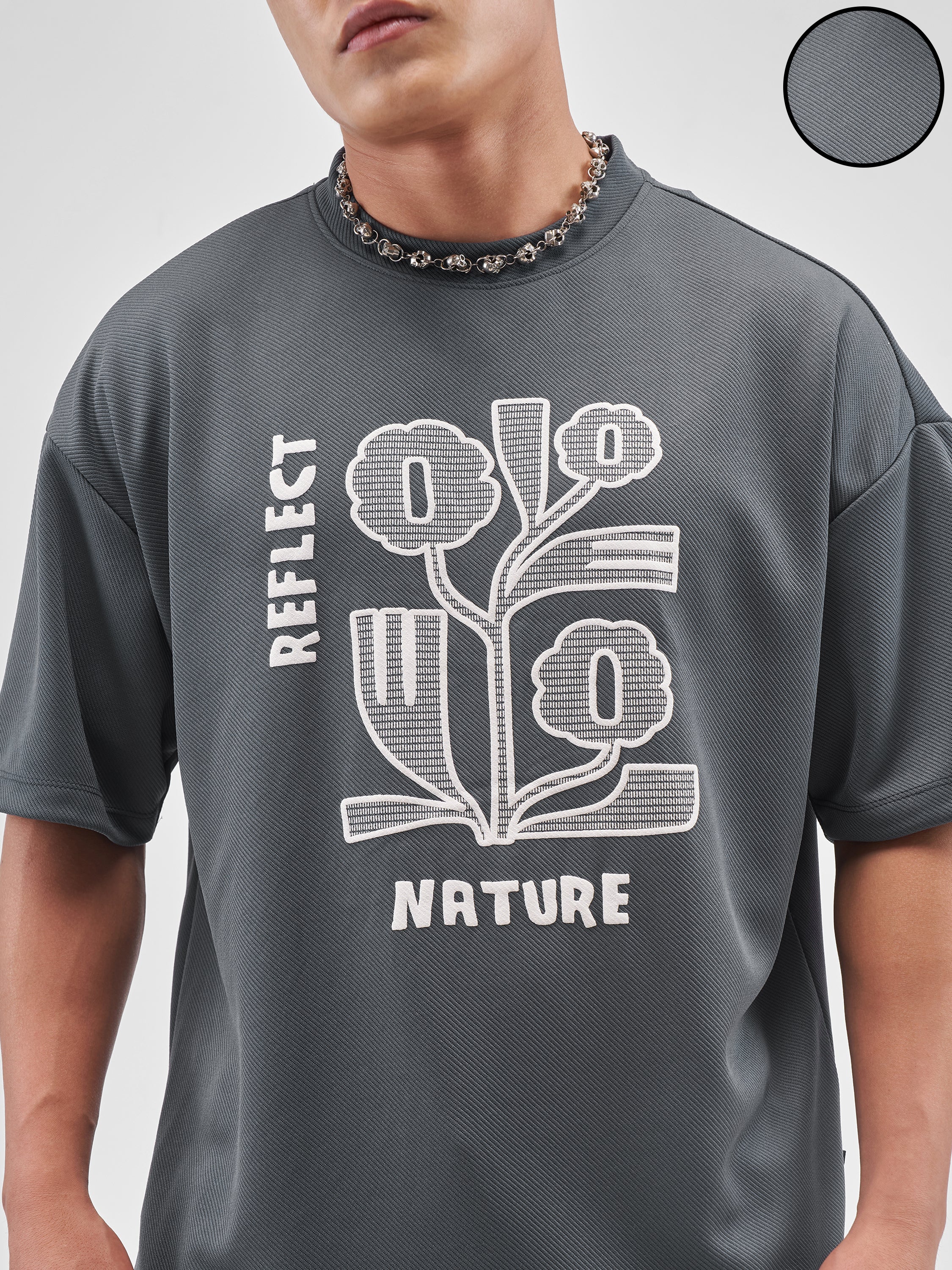 Highlander Men Grey Applique Round Neck Oversized Fit T-Shirt - Grey - Image 5