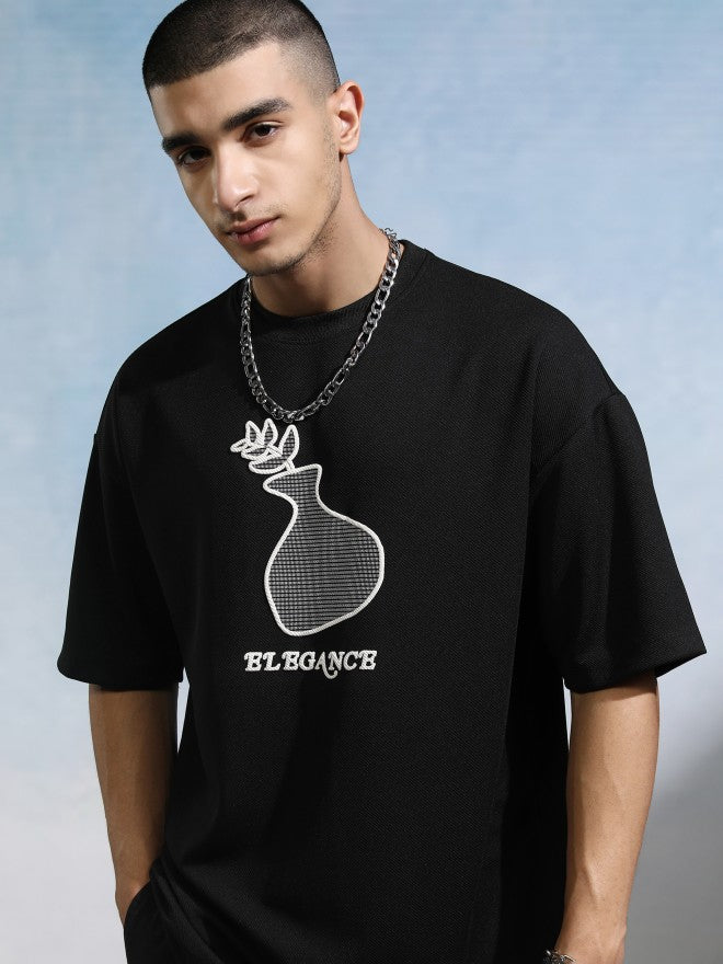 Highlander Men Black Round Neck Applique Oversized Fit T-Shirt - Black - Image 1