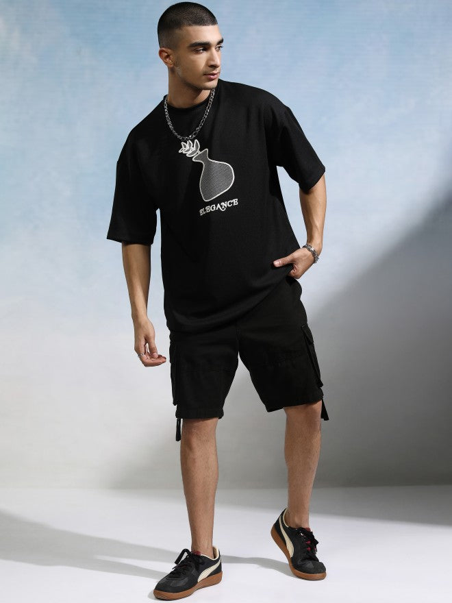 Highlander Men Black Round Neck Applique Oversized Fit T-Shirt - Black - Image 2