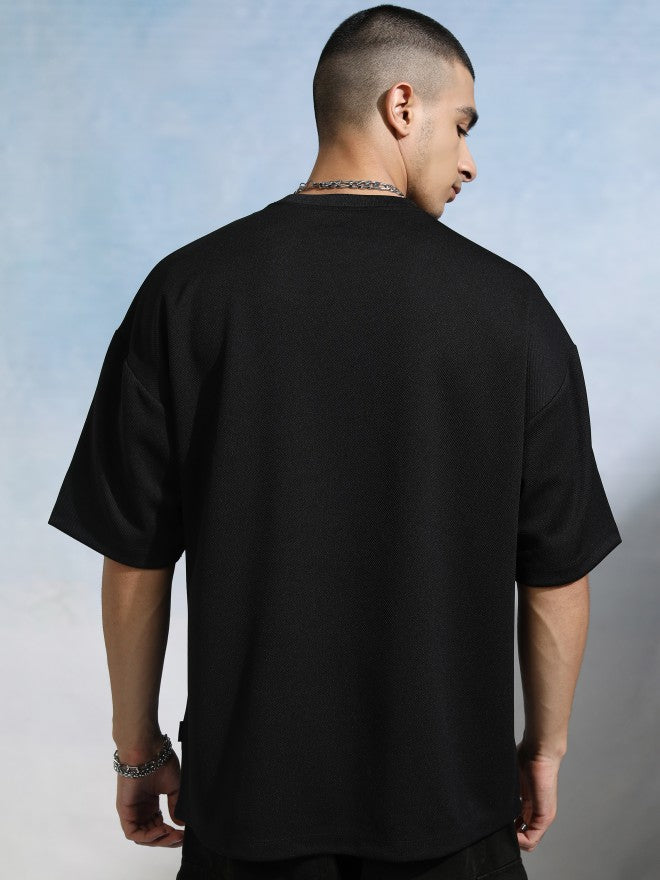 Highlander Men Black Round Neck Applique Oversized Fit T-Shirt - Black - Image 3