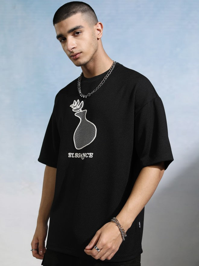 Highlander Men Black Round Neck Applique Oversized Fit T-Shirt - Black - Image 4