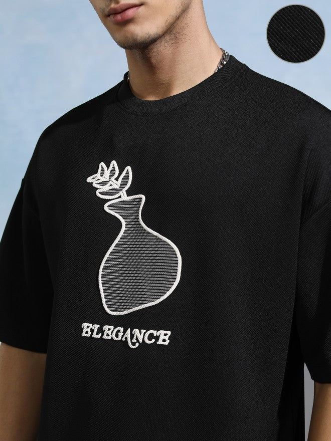 Highlander Men Black Round Neck Applique Oversized Fit T-Shirt - Black - Image 5