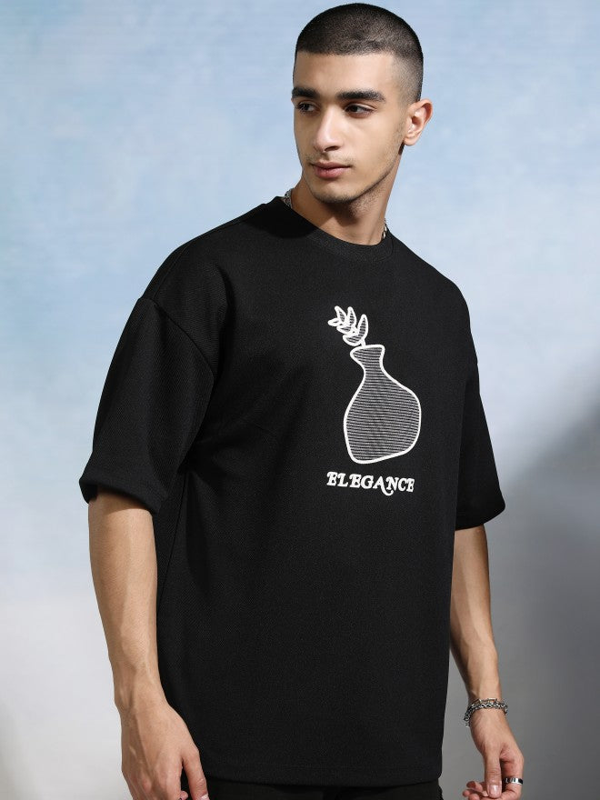 Highlander Men Black Round Neck Applique Oversized Fit T-Shirt - Black - Image 6