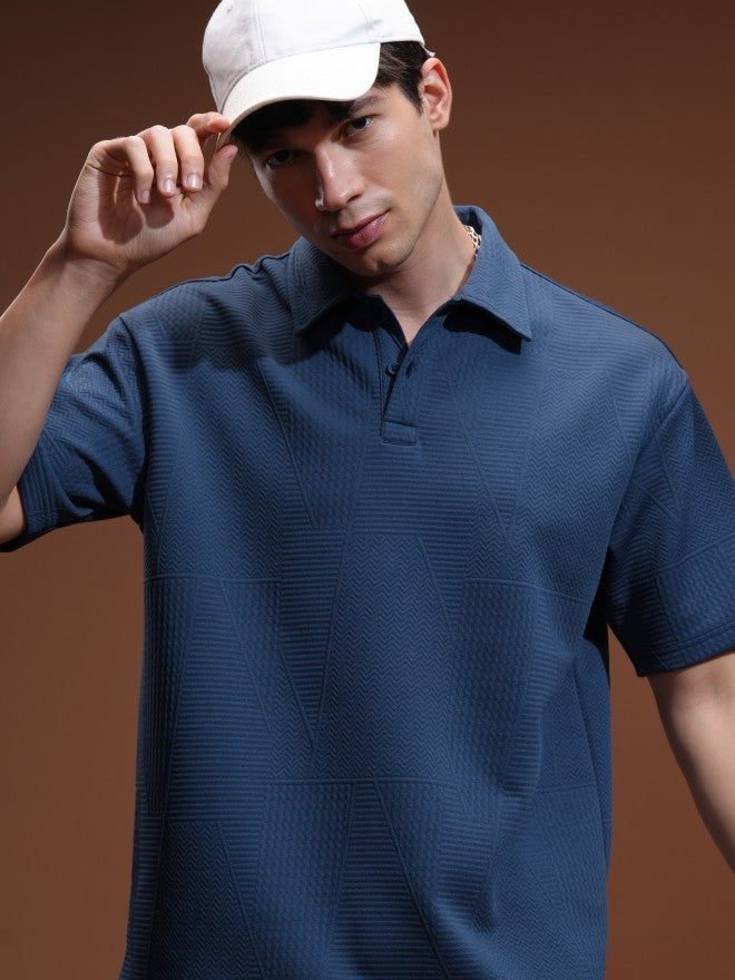 Highlander Men Blue Self Design Polo Collar T-Shirt - Blue - Image 1