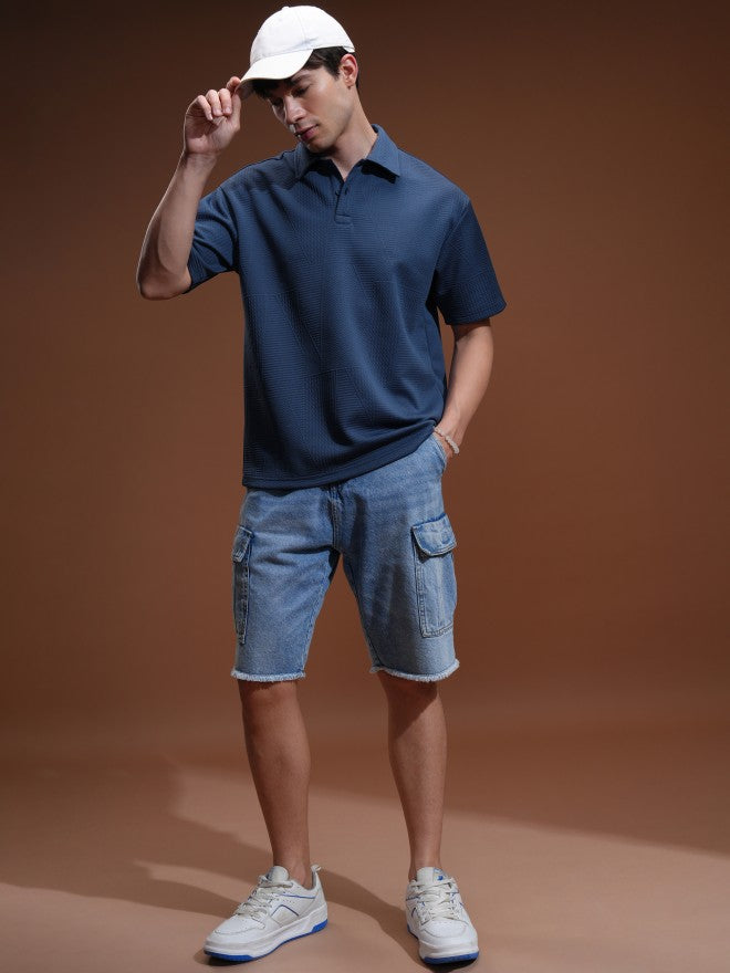 Highlander Men Blue Self Design Polo Collar T-Shirt - Blue - Image 2