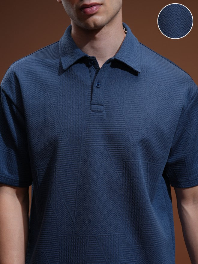 Highlander Men Blue Self Design Polo Collar T-Shirt - Blue - Image 5