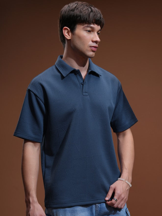 Highlander Men Blue Self Design Polo Collar T-Shirt - Blue - Image 6
