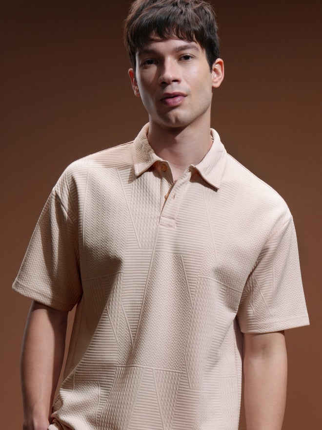 Highlander Men Peach Self Design Polo Collar T-Shirt - Peach - Image 1
