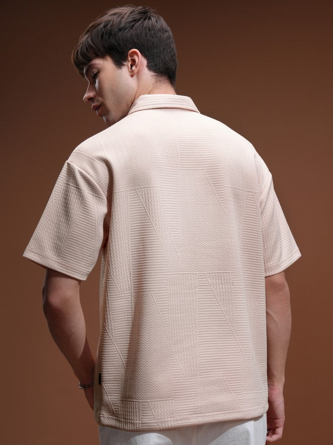 Highlander Men Peach Self Design Polo Collar T-Shirt - Peach - Image 3