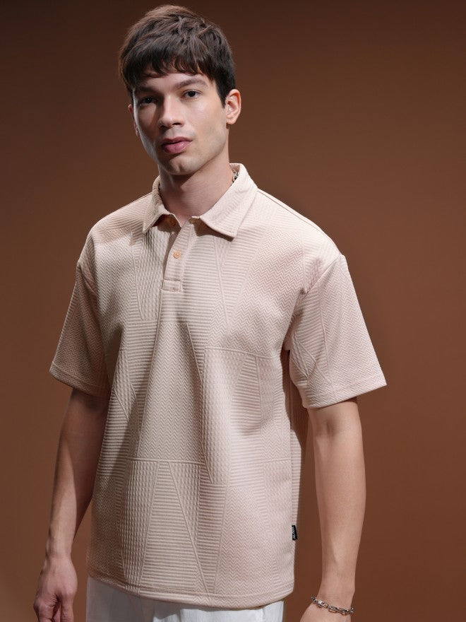 Highlander Men Peach Self Design Polo Collar T-Shirt - Peach - Image 4