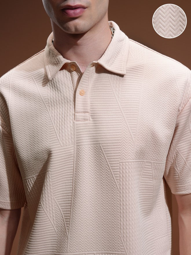 Highlander Men Peach Self Design Polo Collar T-Shirt - Peach - Image 5