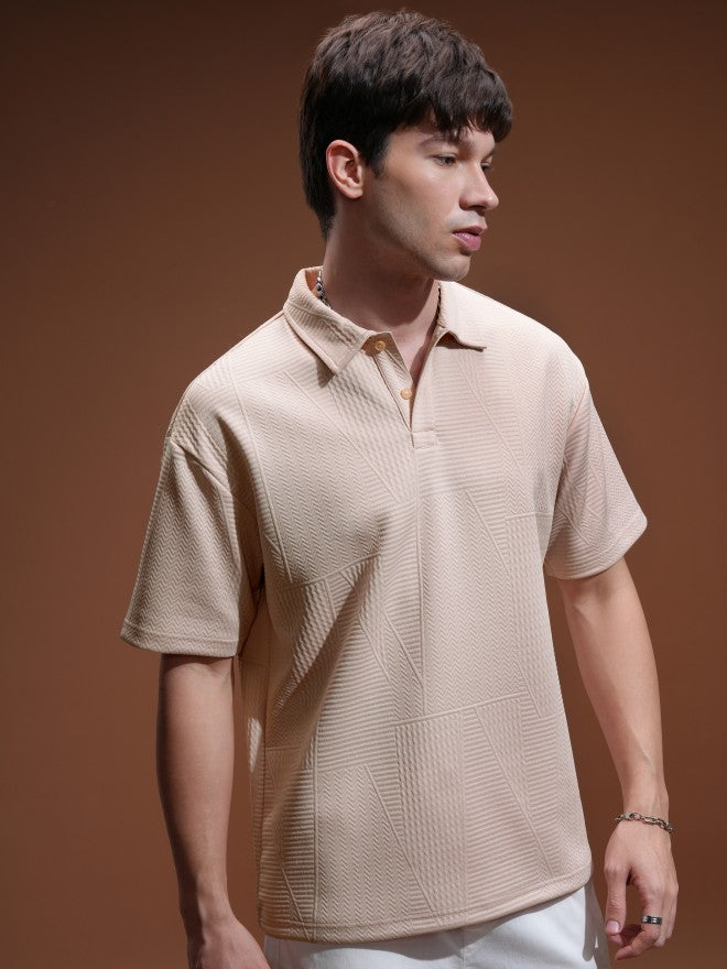 Highlander Men Peach Self Design Polo Collar T-Shirt - Peach - Image 6