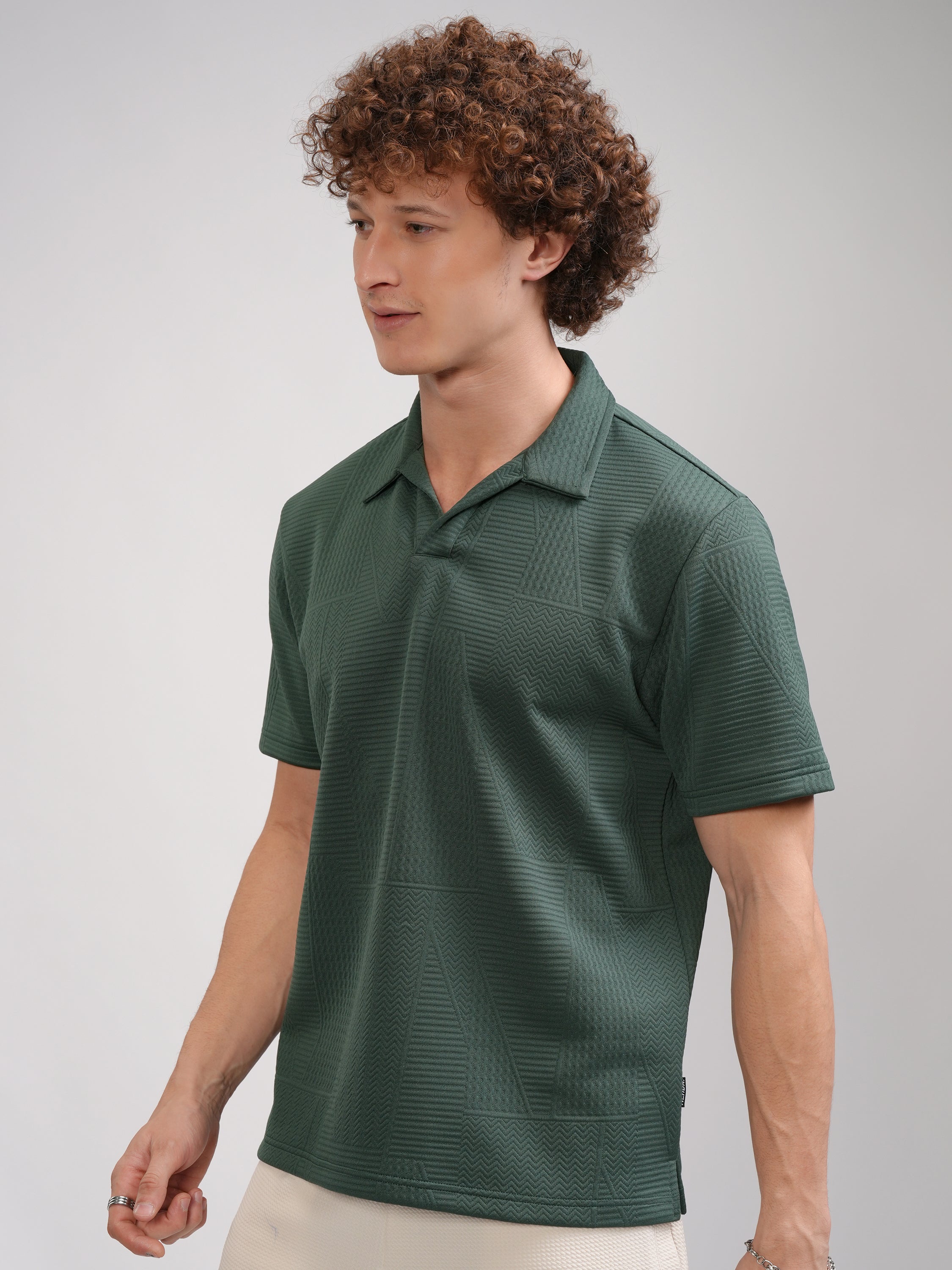 Highlander Men Teal Self Design Polo Collar T-Shirt - Teal - Image 4