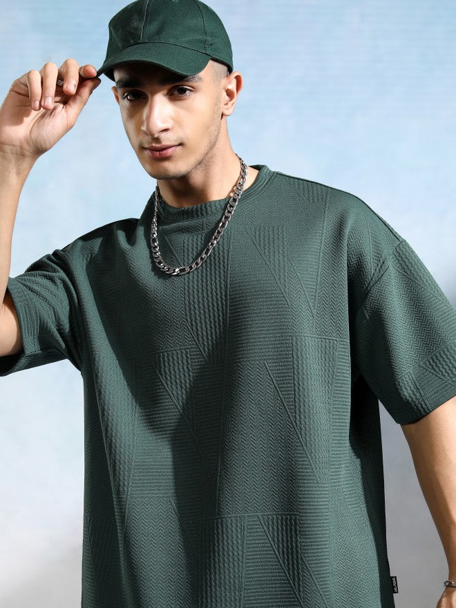 Highlander Men Teal Self Design Round Neck Oversized Fit T-Shirt - Teal - Image 1