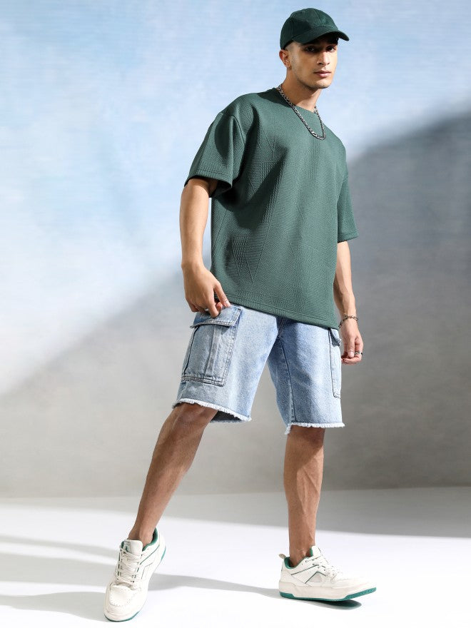 Highlander Men Teal Self Design Round Neck Oversized Fit T-Shirt - Teal - Image 2