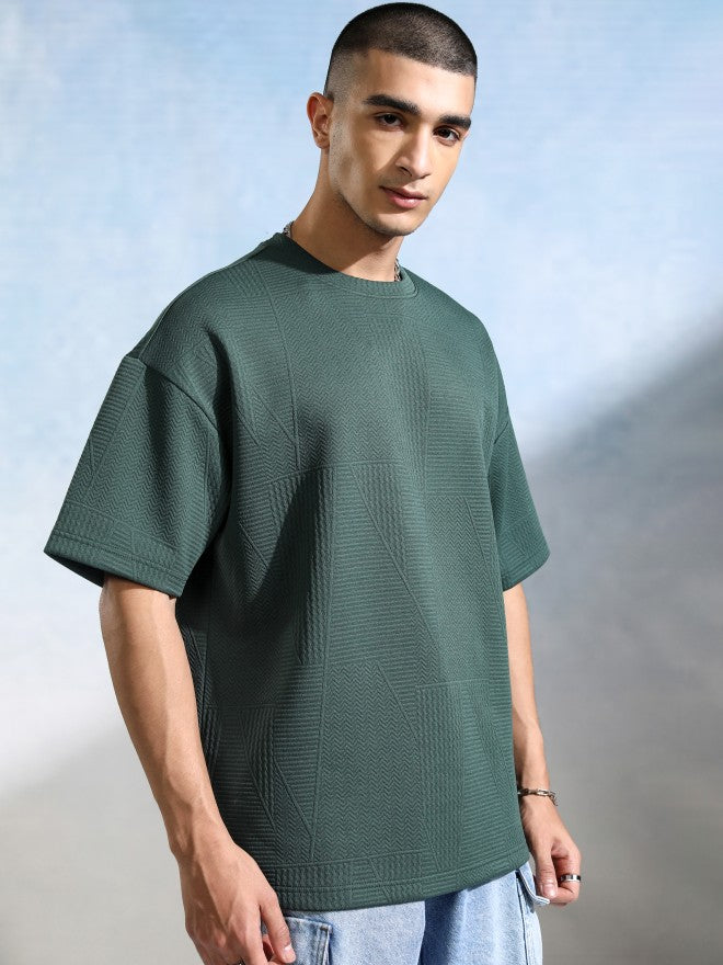 Highlander Men Teal Self Design Round Neck Oversized Fit T-Shirt - Teal - Image 6