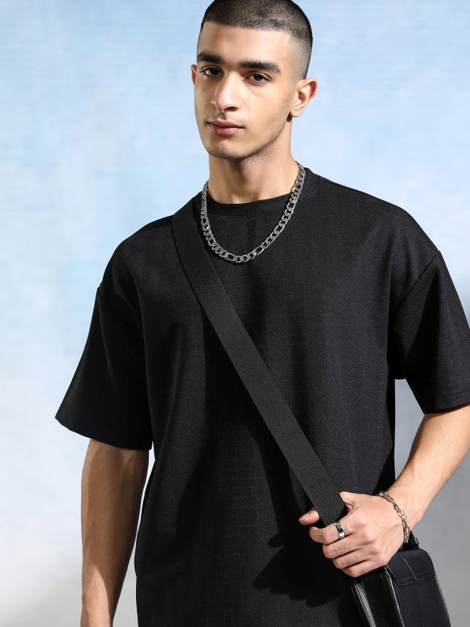 Highlander Men Black Self Design Round Neck Oversized Fit T-Shirt - Black - Image 1