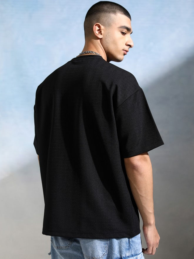Highlander Men Black Self Design Round Neck Oversized Fit T-Shirt - Black - Image 3
