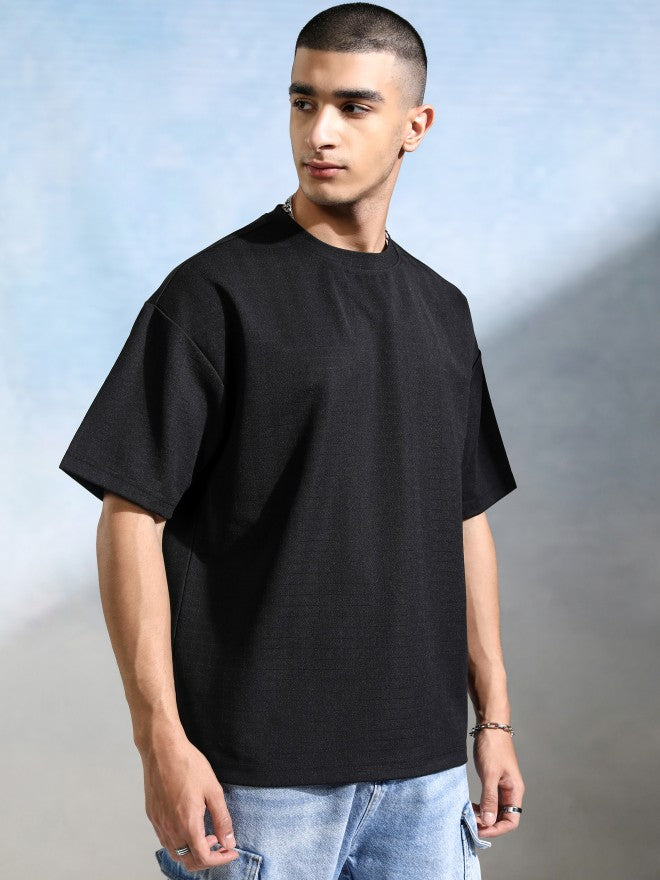 Highlander Men Black Self Design Round Neck Oversized Fit T-Shirt - Black - Image 6