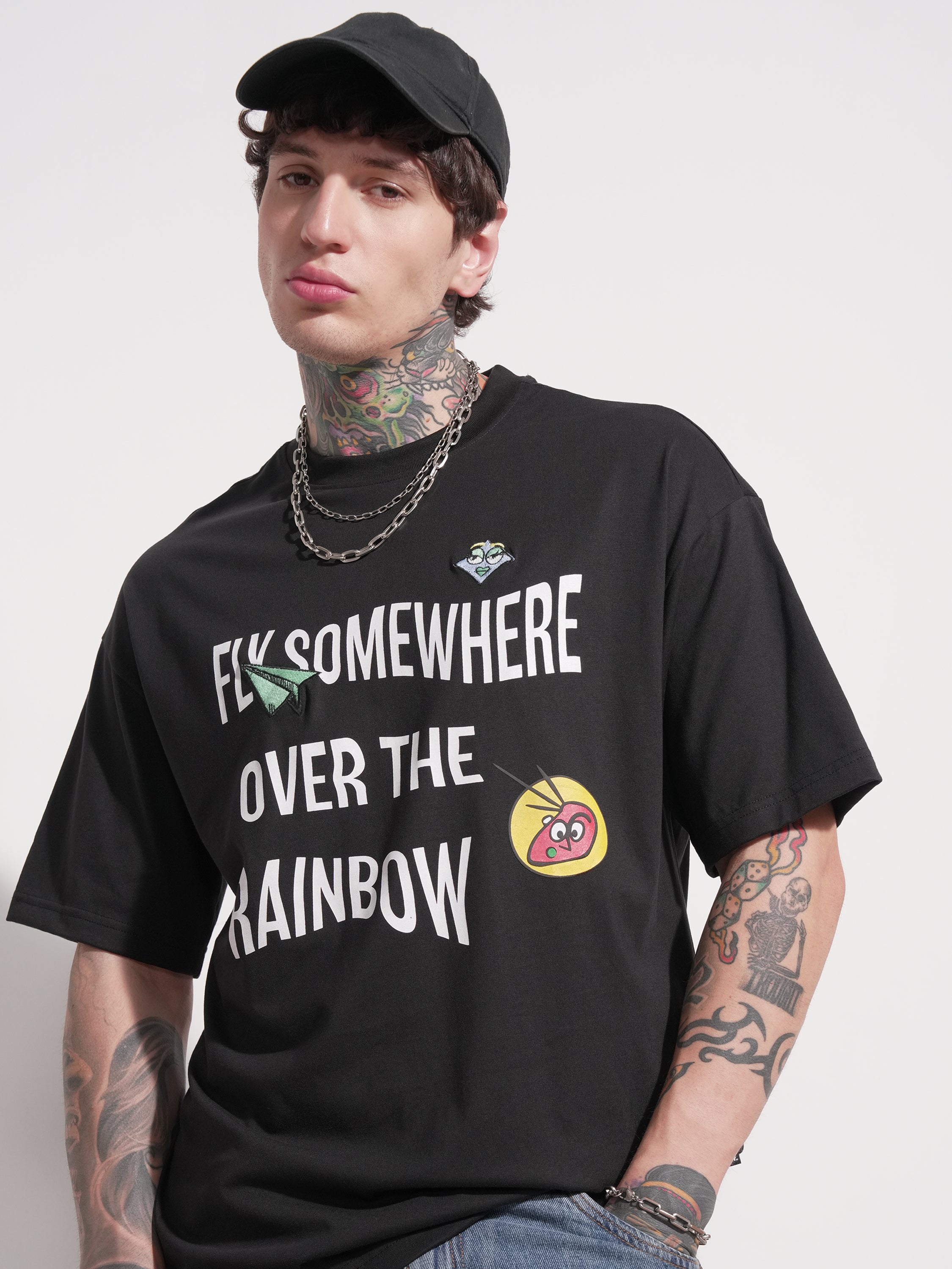 Highlander Men Black Printed Round Neck Oversized Fit T-Shirt - Black - Image 1