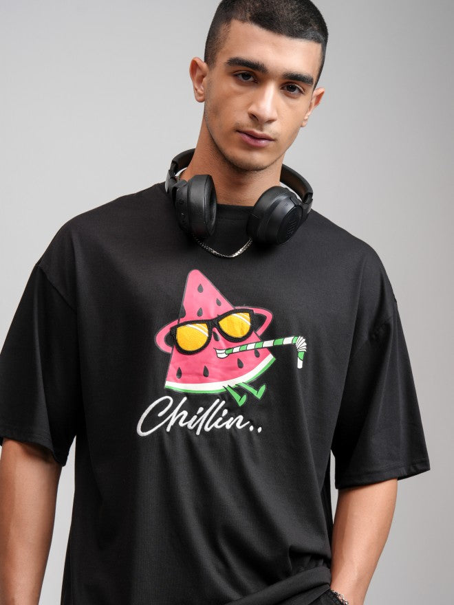 Highlander Men Black Printed Oversized Fit T-Shirt - Black - Image 1