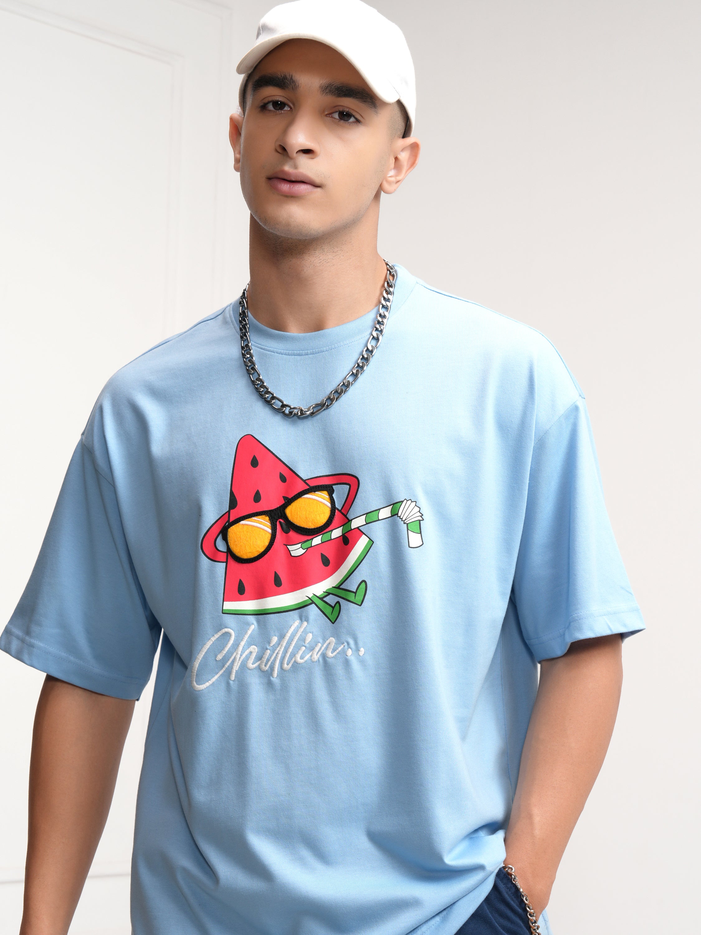 Highlander Men Blue Printed Round Neck Oversized Fit T-Shirt - Blue - Image 1