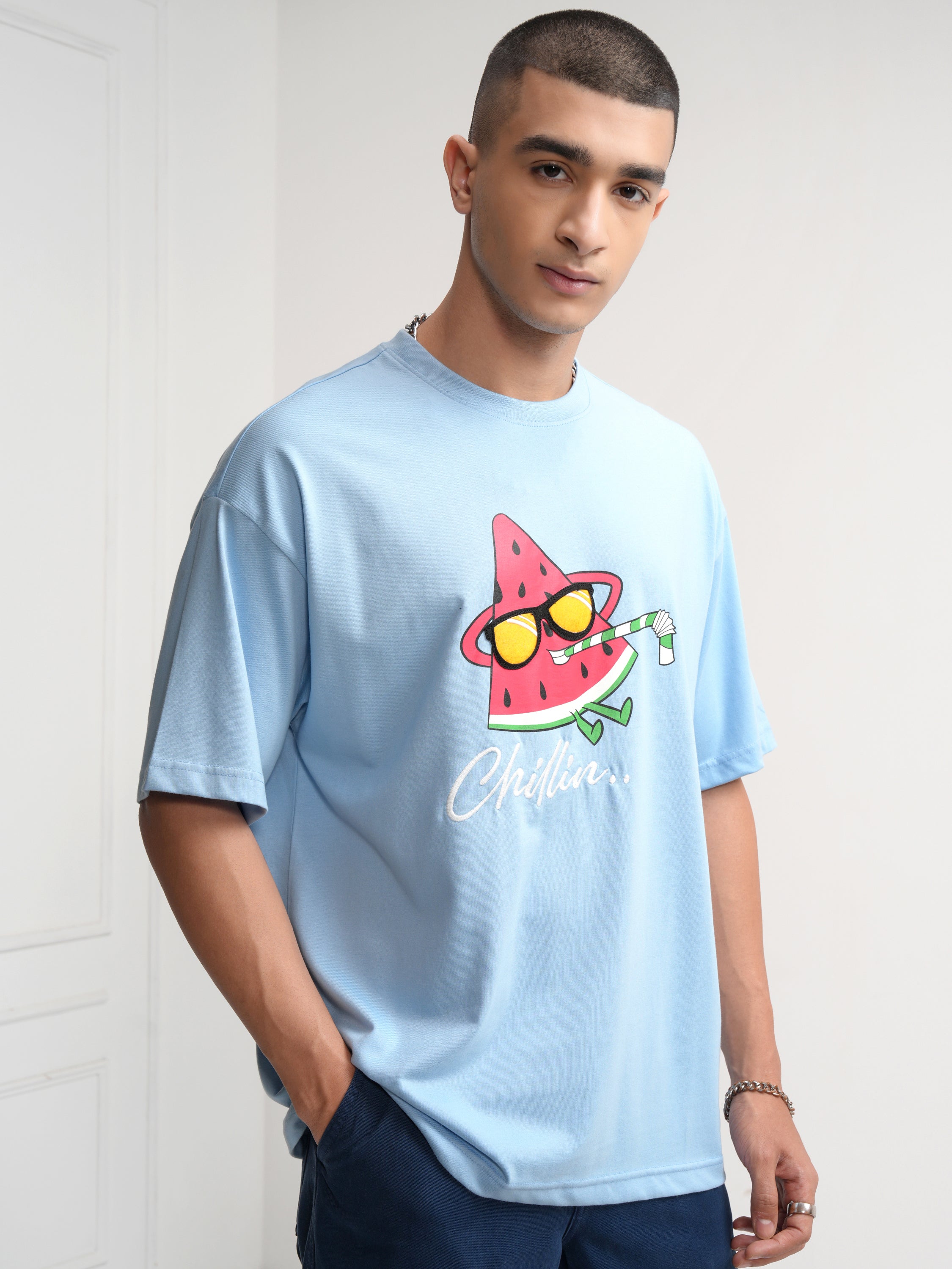 Highlander Men Blue Printed Round Neck Oversized Fit T-Shirt - Blue - Image 6