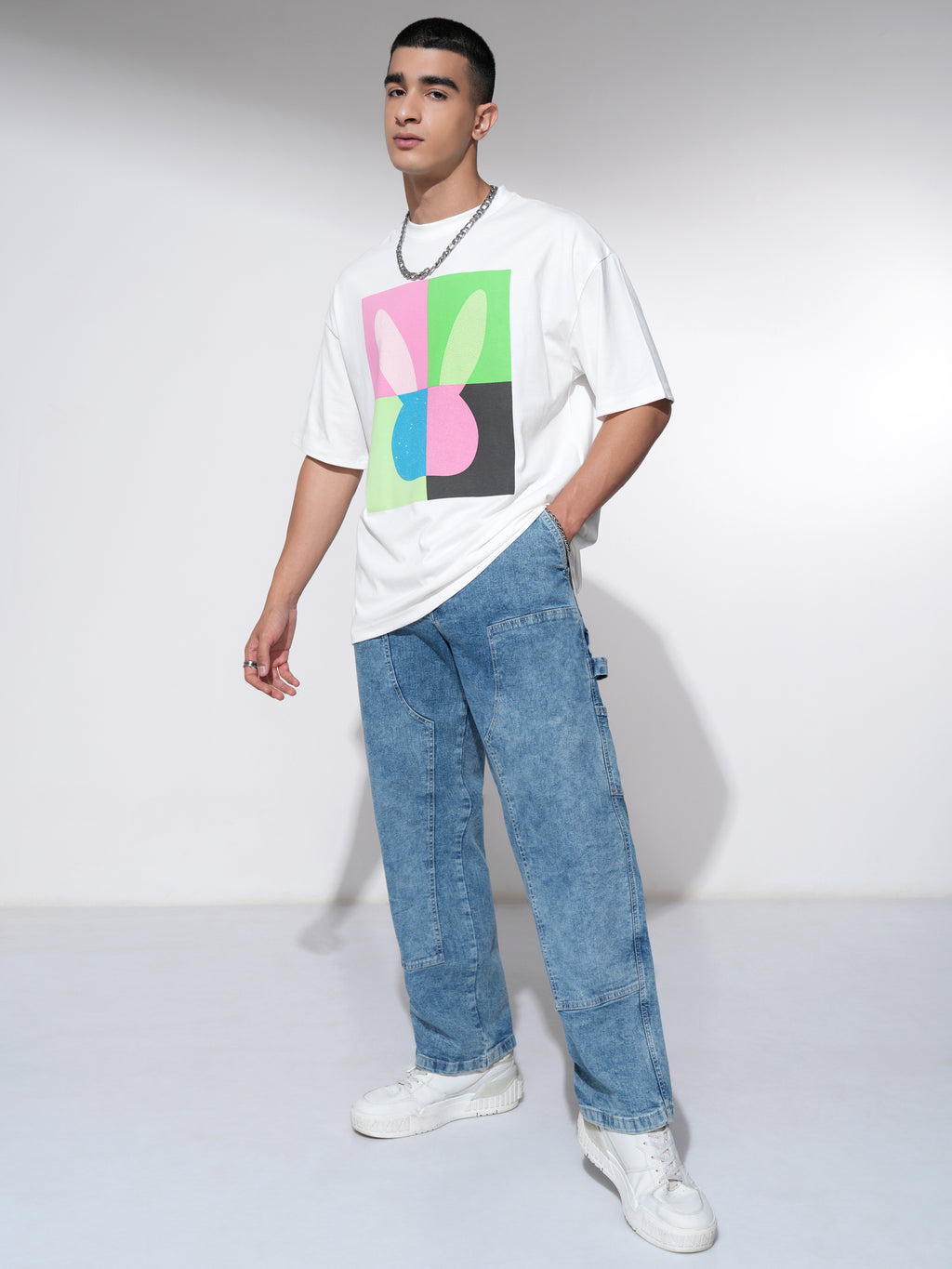 Highlander Men White Printed Round Neck Oversized Fit T-Shirt - White - Image 2