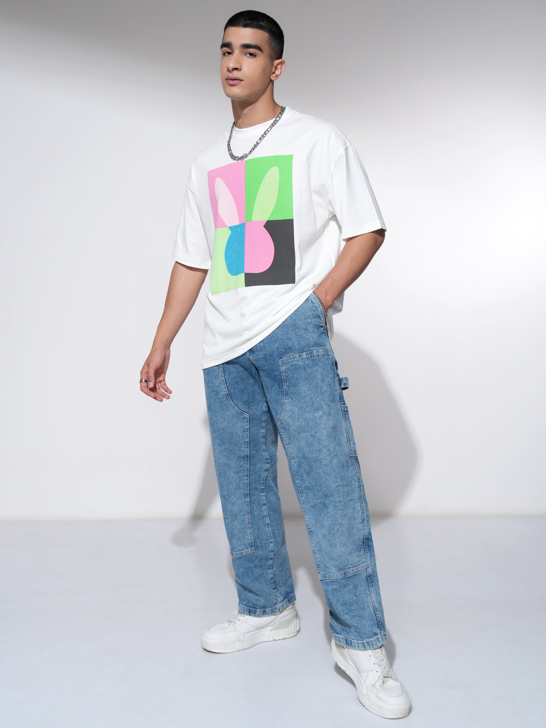 Highlander Men White Printed Round Neck Oversized Fit T-Shirt - White - Image 2